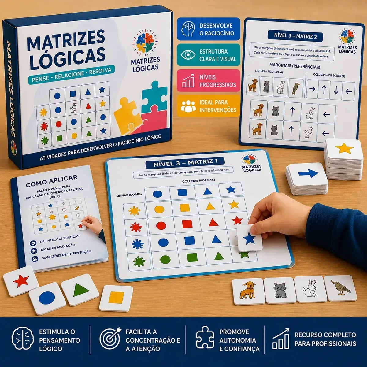 Kit completo Matrizes Lógicas: caixa, tabuleiro, níveis e bônus em mockup profissional