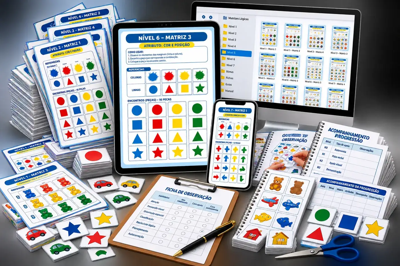Composição digital do kit Matrizes Lógicas em computador, tablet e smartphone